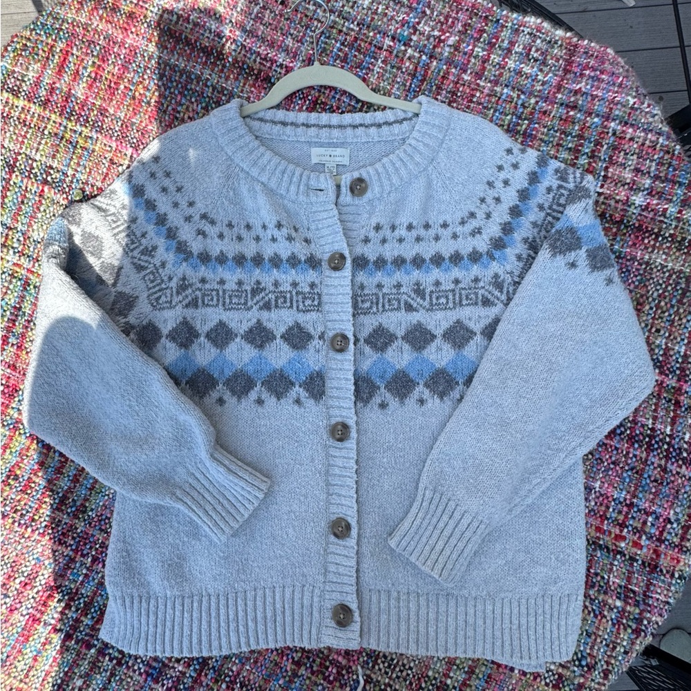 Lucky Brand Gray and Blue Fair Isle Women's Cardigan Sweater XL